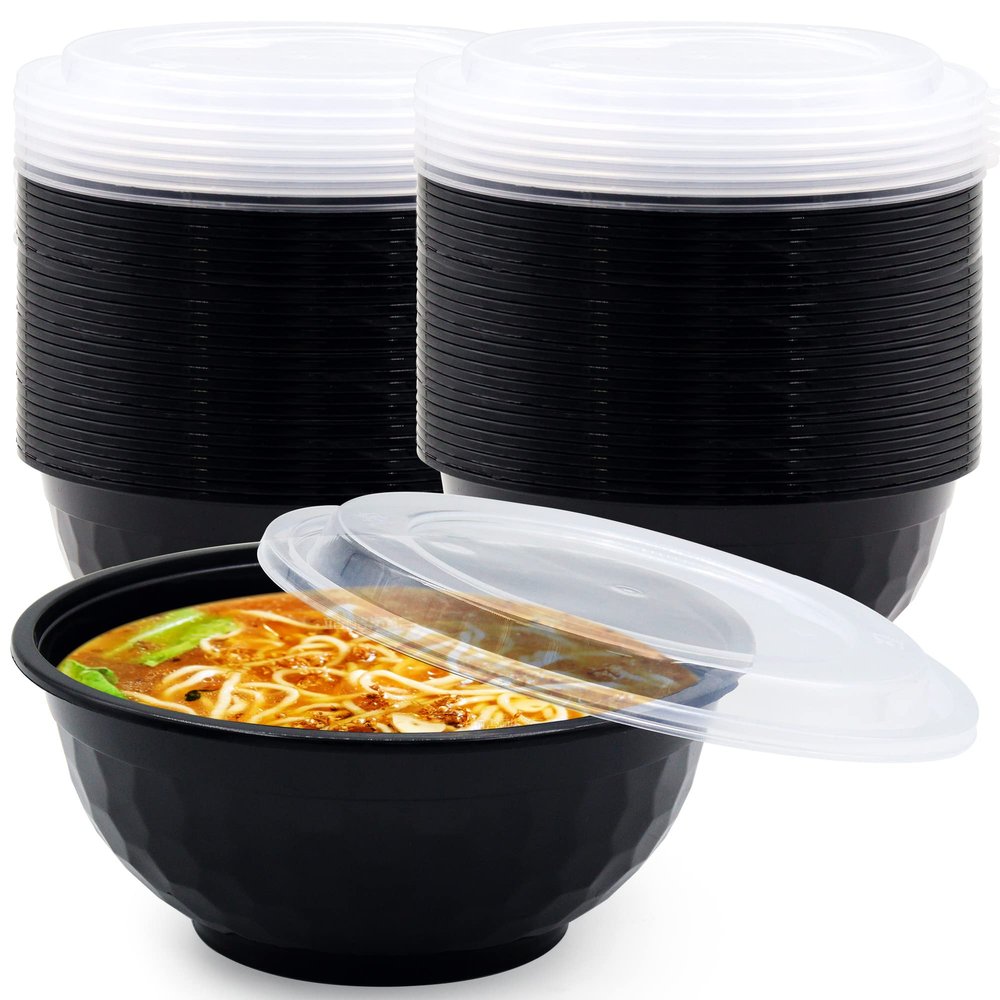 POPMISOLER 150 Pcs Stackable Meal Prep Bowl Containers,36 OZ Food Takeout Bowls Reusable,Black Disposable With Lids,Microwavable Dishwasher Safe Leak Resistant for Noodle Soup,Salads&Ramen Bow (36oz)