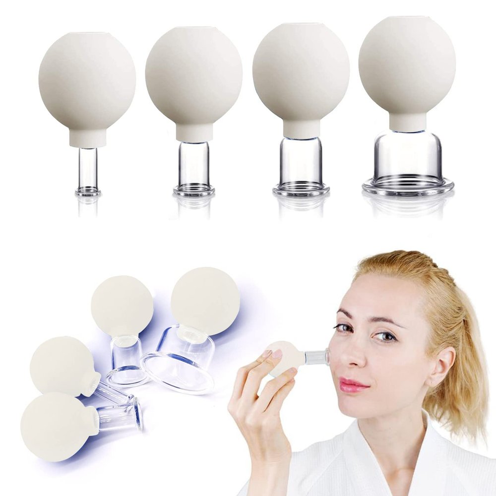 4 PCS Glass Facial Cupping Set | Silicone Vacuum Suction | Cupping Massage Therapy | A Kit For Anti Cellulite, Anti Wrinkle and Instantly Ageless Skin | For Eyes, Face and Body(White)