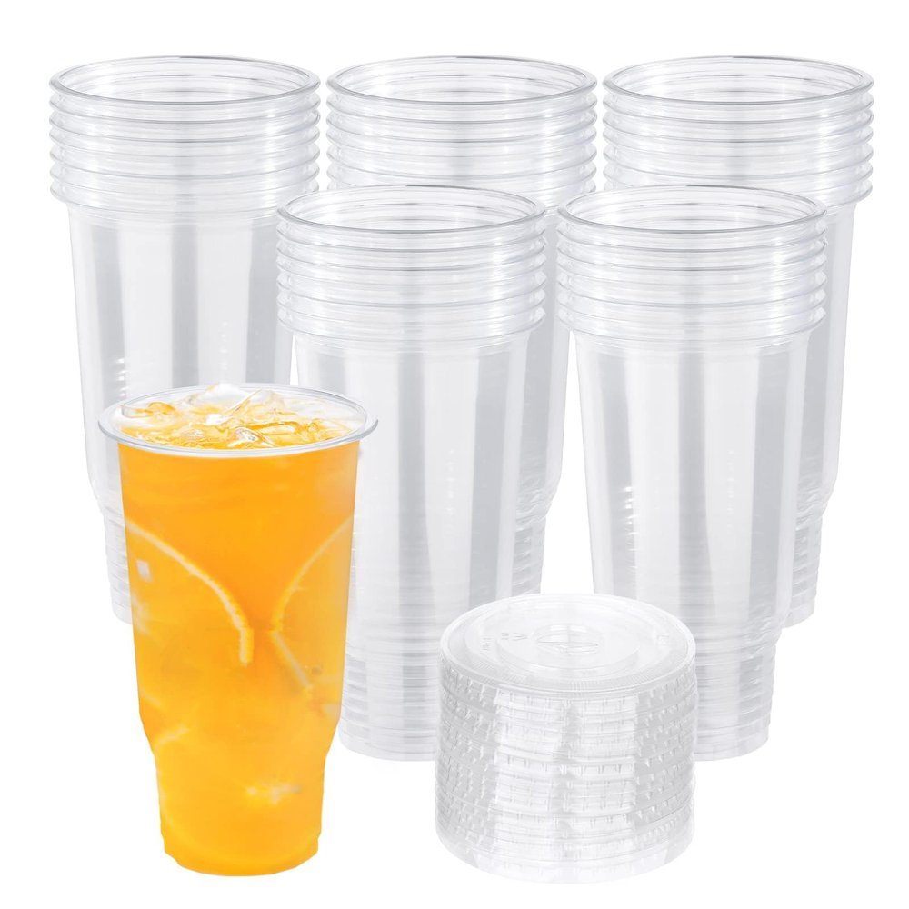 Prgery 32 OZ Plastic Cups with Lids, Iced Coffee Cups with Lids, Clear Plastic Cups for Camping Party and Picnics, Suitable for Most Car Cupholder [50 Set]