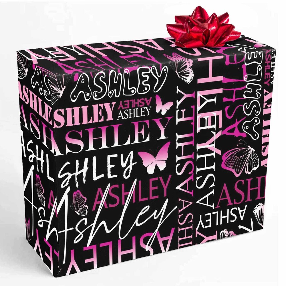 InterestPrint Personalized Name Gift Wrap Paper Custom Purple Butterfly Gradient Monogram Wrapping Paper Roll Fashion Birthday Gift for Boys Girls Kids Baby Shower Birthday Anniversary 58x23 3 Roll