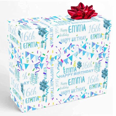 InterestPrint Custom Name Wrapping Paper Personalized Blue White Balloon 16th Birthday Gift Wrapping Paper for Teens Women Men Mom Dad Birthday Wedding Anniversary 58x23 1 Roll