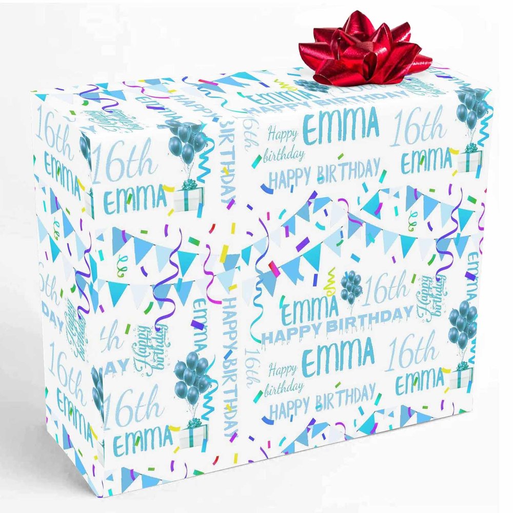 InterestPrint Custom Name Wrapping Paper Personalized Blue White Balloon 16th Birthday Gift Wrapping Paper for Teens Women Men Mom Dad Birthday Wedding Anniversary 58x23 1 Roll