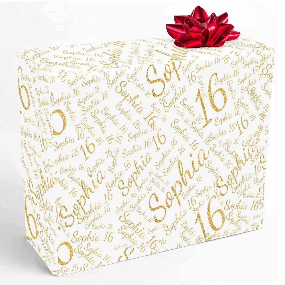 InterestPrint Personalized Name Wrap Paper Customized Golden Glitter 16 Years Old Funny Wrapping Paper Roll Birthday Gift for Boys Girls Baby Shower Wedding Anniversary 58x23 Inch 3 Roll
