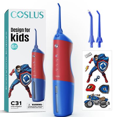 COSLUS C31 Kids Water Dental Flosser Deep Cleaning Picks Portable 4 Modes for Ages 6+ Safe Waterproof Rechargeable with 2 Jet Tips for Gums Care Red Blue