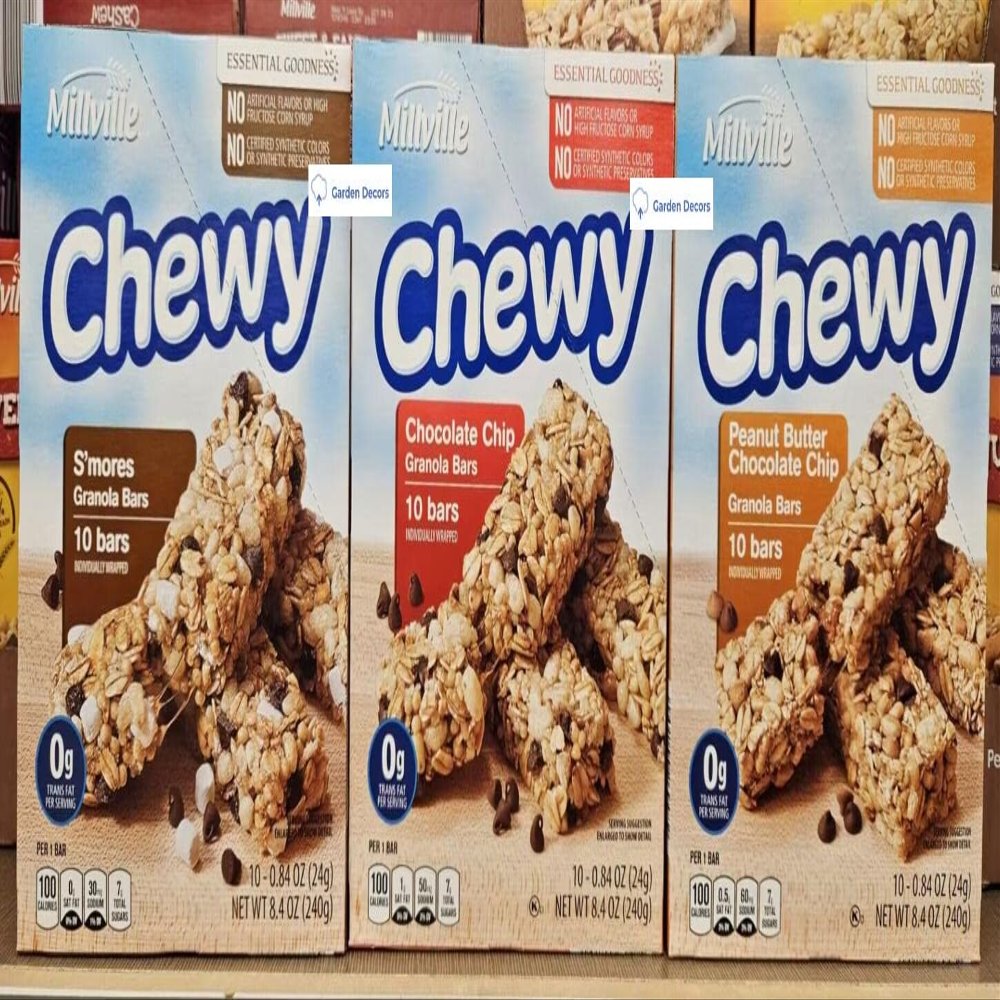 Millville Chewy S'Mores, Chocolate Chip, Peanut Butter Chocolate Chip Granola Bars 8.4oz 240g (Three Boxes)