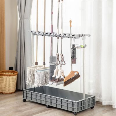Broom and Mop Holder Put Wet Mops,Movable Floor Standing Cleaning Tool Cart,Broom Holder Organizer,Stainless Steel Storage Durable Storage,for Garages,Hotels, Schools,Restaurants,Etc (Size : 10slots