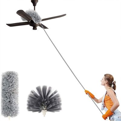 Microfiber Feather Duster Extendable Duster with 100'' Extra Long Stainless Steel Pole and Wire Brush Head, Bendable Head & Long Handle Dusters for Cleaning Ceiling Fan, Blinds, Furniture, Cars