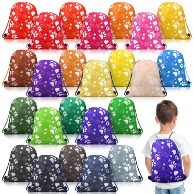 Talltalk 24 Pcs Paw Print Drawstring Backpack Reusable Paw Bags Pet Party Favor Gift Candy Goodies Treat String Bags Pet Theme Birthday Backpack for Girls Boys Kids
