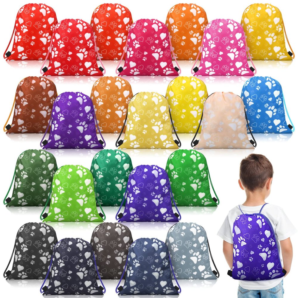 Talltalk 24 Pcs Paw Print Drawstring Backpack Reusable Paw Bags Pet Party Favor Gift Candy Goodies Treat String Bags Pet Theme Birthday Backpack for Girls Boys Kids