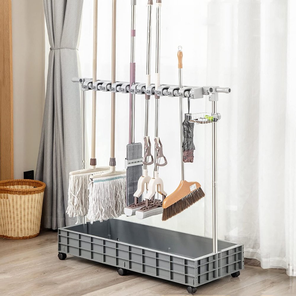 Broom and Mop Holder Put Wet Mops,Movable Floor Standing Cleaning Tool Cart,Broom Holder Organizer,Stainless Steel Storage Durable Storage,for Garages,Hotels, Schools,Restaurants,Etc (Size : 4slots)