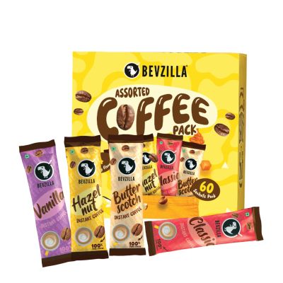 Bevzilla 60 Instant Coffee Powder Sachets(4 Flavours) - 120 Grams | Turkish Hazelnut, Colombian Gold, French Vanilla & English Butterscotch | 15 Sachets Each Flavour| Makes 60 Cups| 100 % Arabica