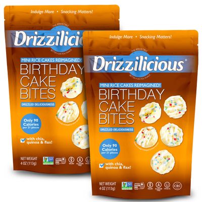 Drizzilicious Mini Flavored Rice Cakes Birthday Cake - Rice Crisps, Healthy Snack for Adults and Kids, Vegan, Gluten Free Snack, Allergen Free, Only 90 Calories Per 21 Pieces - 4 oz (Pack of 2)