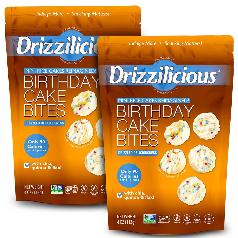 Drizzilicious Mini Flavored Rice Cakes Birthday Cake - Rice Crisps, Healthy Snack for Adults and Kids, Vegan, Gluten Free Snack, Allergen Free, Only 90 Calories Per 21 Pieces - 4 oz (Pack of 2)