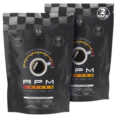 2LB RPM Brazil Cerrado Premium Coffee, Standard Caffeine - Supercharged Flavor, Medium-Dark Roast, 100% Arabica Beans, Low Acidity