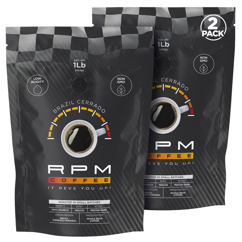 2LB RPM Brazil Cerrado Premium Coffee, Standard Caffeine - Supercharged Flavor, Medium-Dark Roast, 100% Arabica Beans, Low Acidity