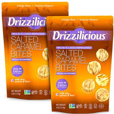 Drizzilicious Mini Flavored Rice Cakes Salted Caramel - Rice Crisps, Healthy Snack for Adults and Kids, Vegan, Gluten Free Snack, Allergen Free, Only 90 Calories Per 21 Pieces - 4 oz (Pack of 2)