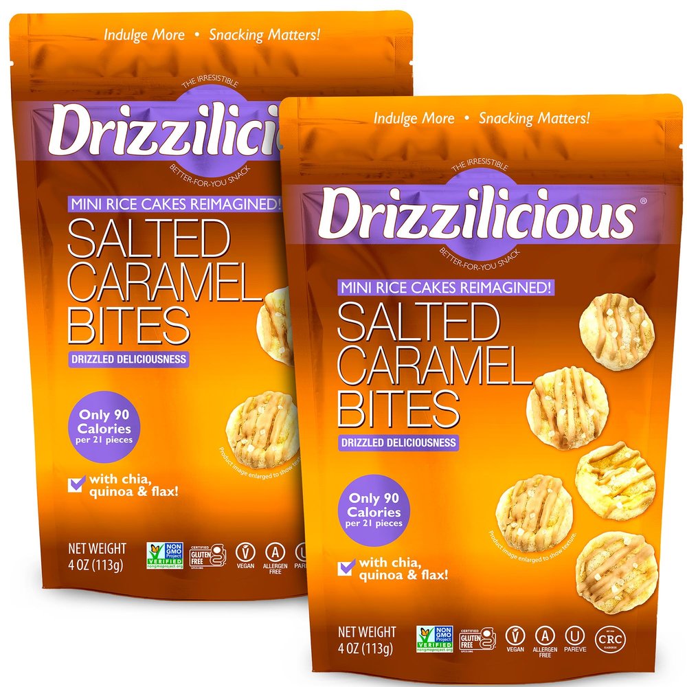 Drizzilicious Mini Flavored Rice Cakes Salted Caramel - Rice Crisps, Healthy Snack for Adults and Kids, Vegan, Gluten Free Snack, Allergen Free, Only 90 Calories Per 21 Pieces - 4 oz (Pack of 2)