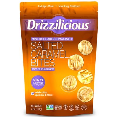 Drizzilicious Mini Flavored Rice Cakes Salted Caramel - Rice Crisps, Healthy Snack for Adults & Kids, Vegan, Gluten Free Snack, Allergen Free, 90 Calories Per 21 Pieces - 4 oz (Pack of 1)