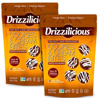 Drizzilicious Mini Flavored Rice Cakes Cookies & Cream - Rice Crisps, Healthy Snack for Adults and Kids, Vegan, Gluten Free Snack, Allergen Free, Only 90 Calories Per 21 Pieces - 4 oz (Pack of 2)