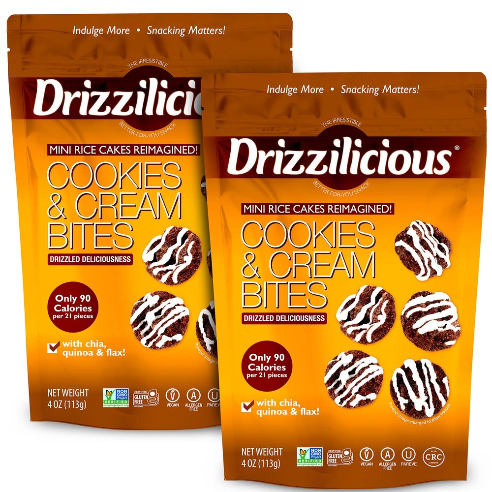 Drizzilicious Mini Flavored Rice Cakes Cookies & Cream - Rice Crisps, Healthy Snack for Adults and Kids, Vegan, Gluten Free Snack, Allergen Free, Only 90 Calories Per 21 Pieces - 4 oz (Pack of 2)