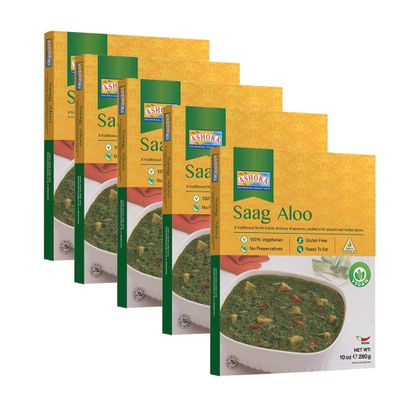 Ashoka Meals 1932, Vegan Spinach & Potato, All-Natural, Heat & Serve Microwaveable Indian Food, Saag Aloo, Kosher Certified, Great for Outdoors, Gluten-Free & with No Preservatives, Pack of 10