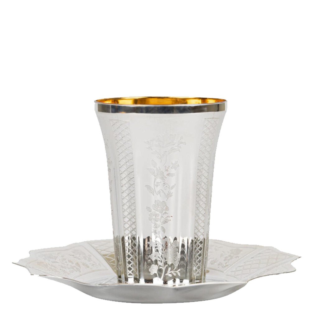 EcoQuality Disposable Plastic 5.5oz Kiddush Cups and Plates Set - Silver Like Coated Cup and Tatz Saucer Set, Heavy Duty, Silverware for Wine, Weddings, Passover Seder, Shabbat, Brit, Kosher (5)