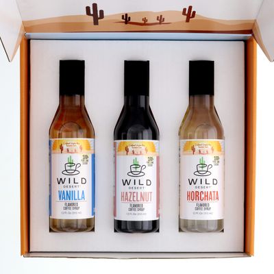 Wild Desert Gourmet Coffee Syrup Sampler Gift Set in Box 3 Pack BPA-Free Plastic 12 oz. Bottles with Pour Top - Vanilla, Horchata, Hazelnut Made with Non-GMO, 100% Pure Cane Sugar