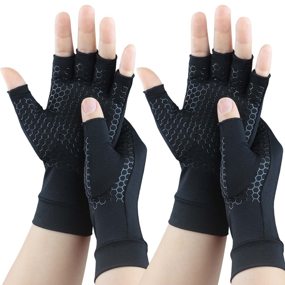 2 Pairs Copper Arthritis Gloves for Carpal Tunnel Pain Relief, Compression Gloves to Alleviate Hand Pain, Swelling, Fingerless Computer Typing Gloves for Rheumatoid, Tendonitis Women & Men (Small)
