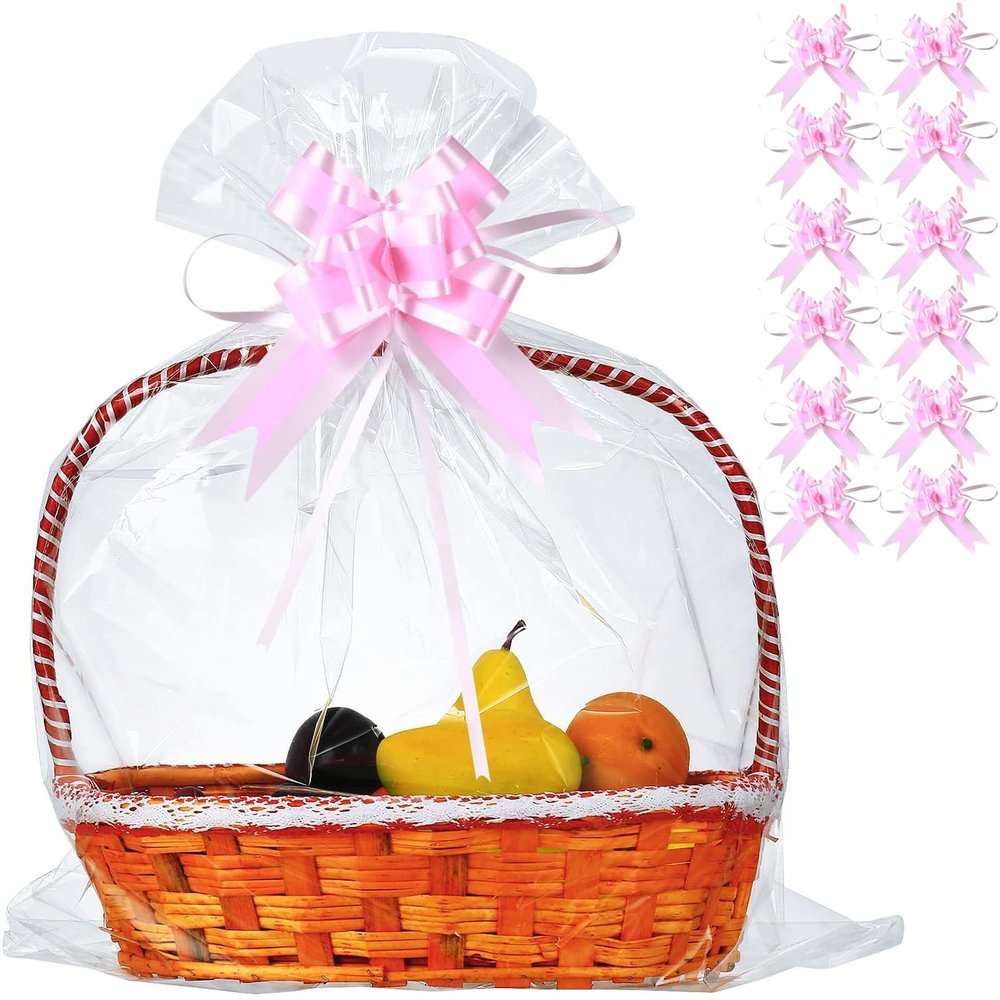 50 Packs 32 x 40 Inches Extra-large Inches Cellophane Bags for Basket Jumbo Clear Cellophane Wraps Clear Huge Cello Bags for Baskets, Gifts, Christmas Trees, Treats, Arts and Crafts, 50ct Ribbon Bows