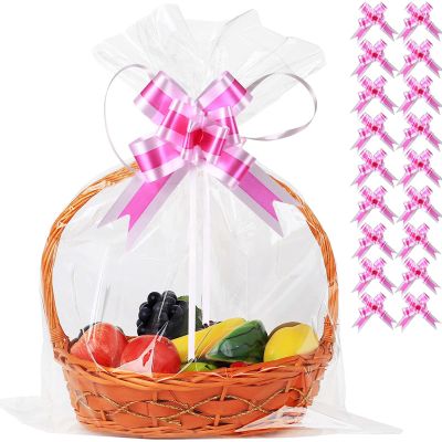 UltraOutlet 50 Packs Large Cellophane Bags 18" x 24" Clear Cellophane Gift Basket Wraps 2.3 Mil Thick Transparent Cello Bags for Fruit Basket, Gift Wrap, Treats, Arts and Crafts, 50ct Ribbon Bows