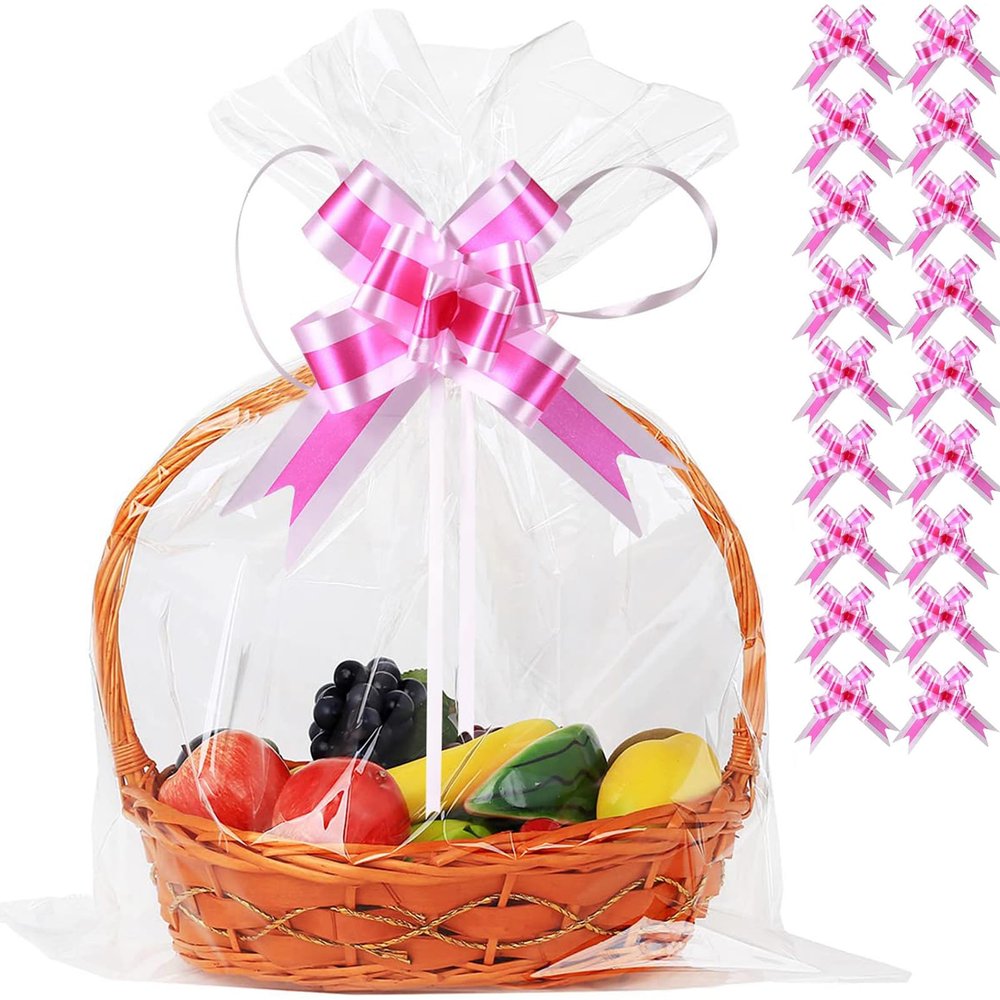 UltraOutlet 50 Packs Large Cellophane Bags 18" x 24" Clear Cellophane Gift Basket Wraps 2.3 Mil Thick Transparent Cello Bags for Fruit Basket, Gift Wrap, Treats, Arts and Crafts, 50ct Ribbon Bows