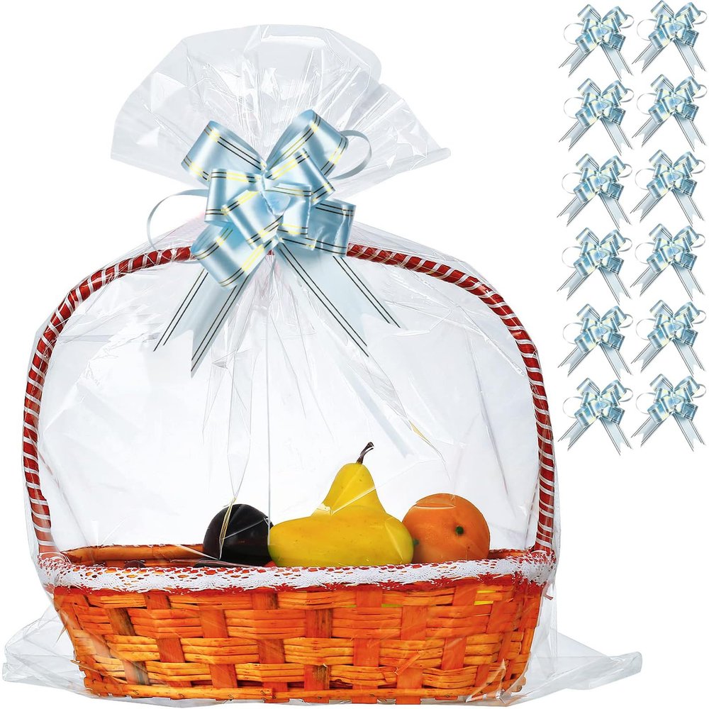 50 Packs 32 x 40 Inches Extra-large Cellophane Bags for Basket Jumbo Clear Cellophane Wraps Clear Huge Cello Bags for Baskets, Gifts, Christmas Trees, Treats, Arts and Crafts, 50ct Ribbon Bows