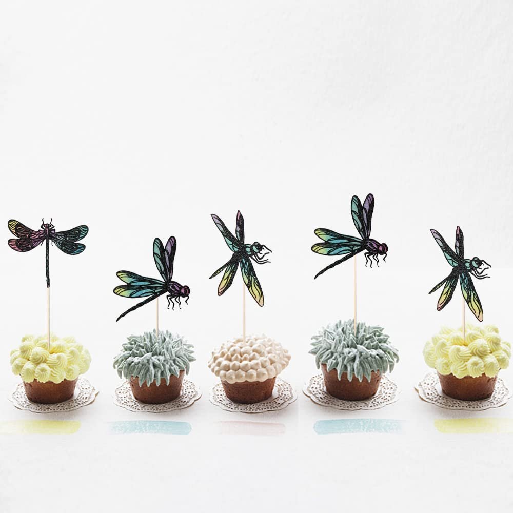 12PCS Dragonfly Cupcake Toppers Insect themed cake decorationBaby bath cake decorations, summer garden decorations, for boys and girls birthday party decoration supplies