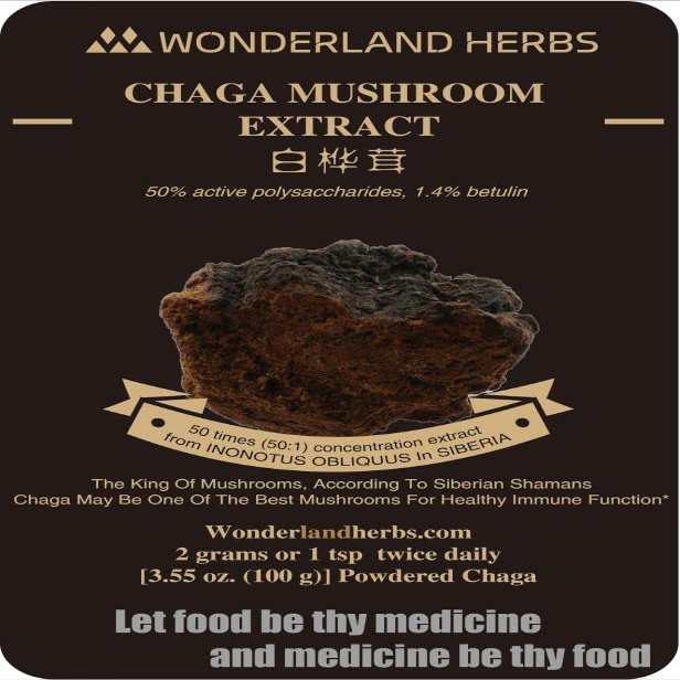 WonderLand Herbs Chaga Mushroom Extract Powder, 50% polysaccharides, 1.4% Betulin, 3.53 Oz