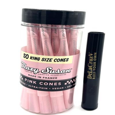 Blazy Susan King Size Pink Pre-Rolled Cones Ultra Thin 50 Cones per JAR with DeLaCruzV Tube.