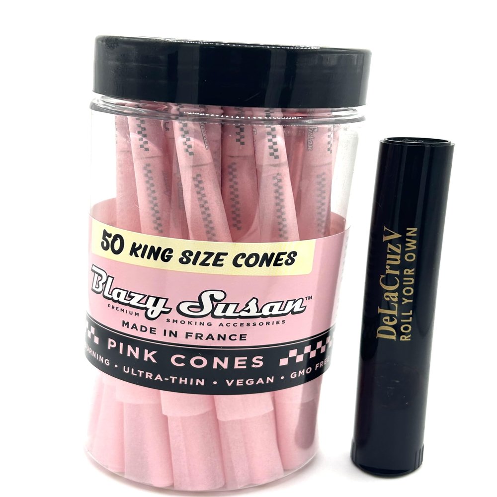 Blazy Susan King Size Pink Pre-Rolled Cones Ultra Thin 50 Cones per JAR with DeLaCruzV Tube.