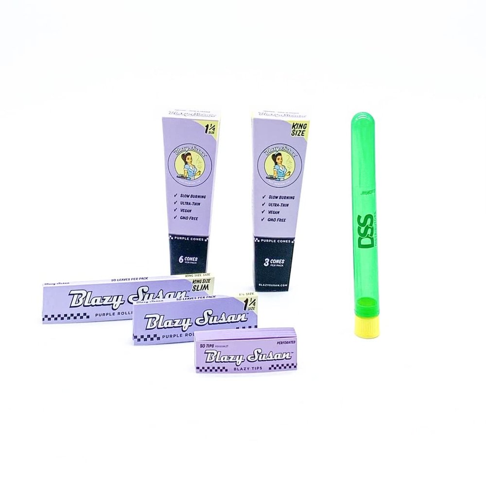 Blazy Susan Purple Combo Pack 4 Packs of Papers + Tips 1 1/4 King Size Cones & Papers + DSS Storage Tube