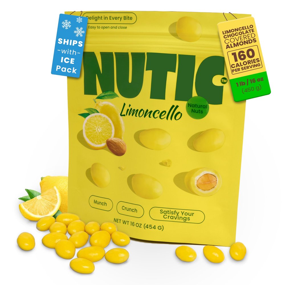 Nutic Lemoncello Chocolate Covered Almonds - 1 Lb. Roasted Almond in White Chocolate & Lemon Creme Candy. Citrus Bliss Flavors for Perfect Snacks & Gifts, Made in USA - (Pack of 1)