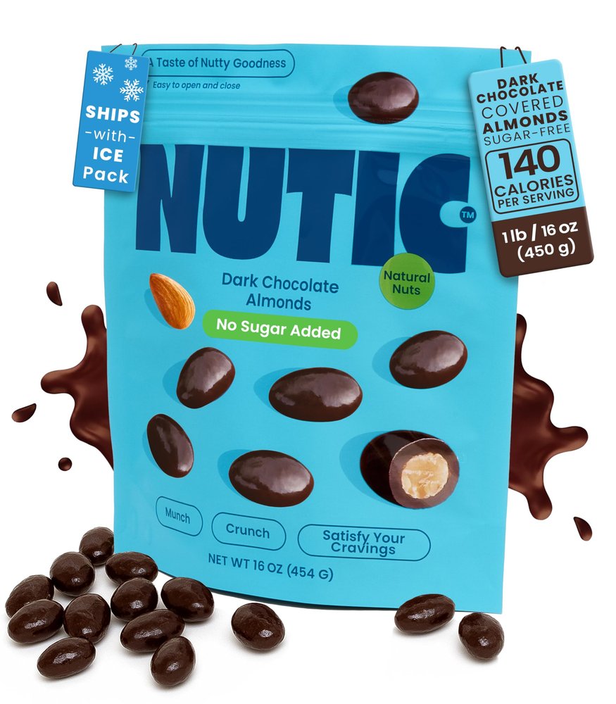 Nutic Sugar-Free Dark Chocolate Almonds - 1 Lb. Keto-Friendly, No Sugar, Gluten-Free, Health-Conscious Individuals & Low Carb Diets. Ideal for Gifting, Made in USA - (Pack of 1)