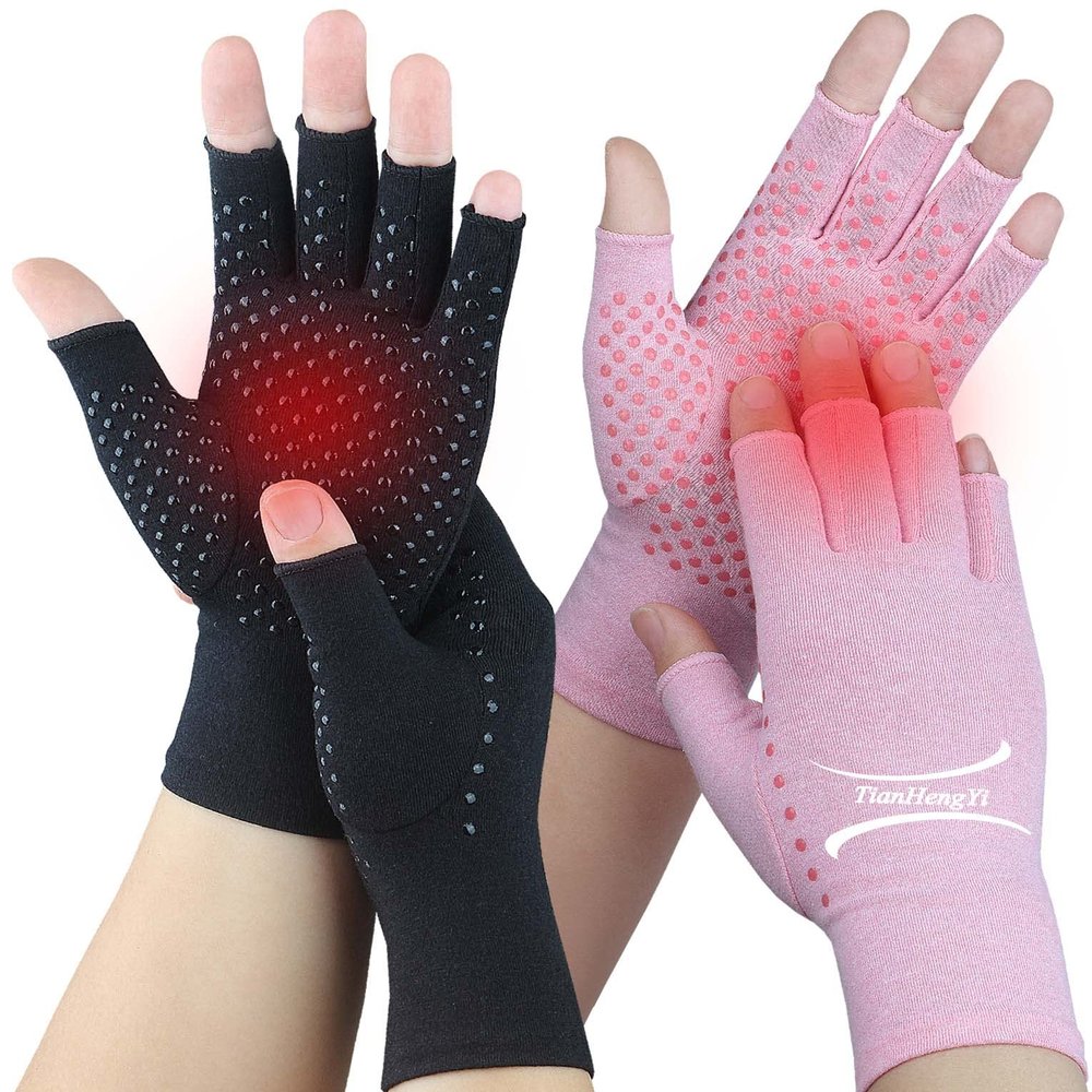 2 Pairs Arthritis Gloves for Pain Relief, Compression Gloves for Arthritis, Carpal Tunnel, Osteoarthritis, Joint, Typing, Driving, Fingerless Hand Gloves for Women Men (Pink1+Pure Black1, Large)