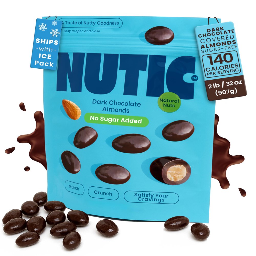 Nutic Sugar-Free Dark Chocolate Almonds - 2 Lb. Keto-Friendly, No Sugar, Gluten-Free, Health-Conscious Individuals & Low Carb Diets. Ideal for Gifting, Made in USA - (Pack of 1)