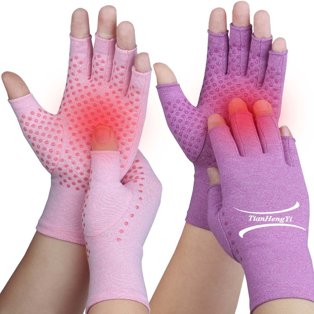 2 Pairs Arthritis Gloves for Pain Relief, Compression Gloves for Arthritis, Carpal Tunnel, Osteoarthritis, Joint, Typing, Driving, Fingerless Hand Gloves for Women Men (Pink1+Purple1, Small)