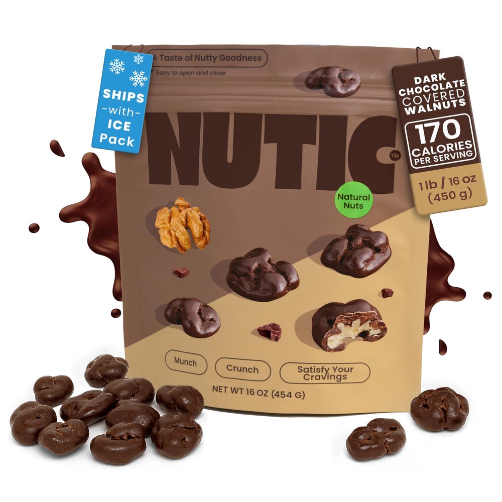 Nutic Dark Chocolate Covered Walnuts - 1 Lb, Premium Roasted Walnuts Drenched in Rich Dark Chocolate, Irresistible Gourmet Treats for Snacks & Gifts, Made in USA - (Pack of 1)