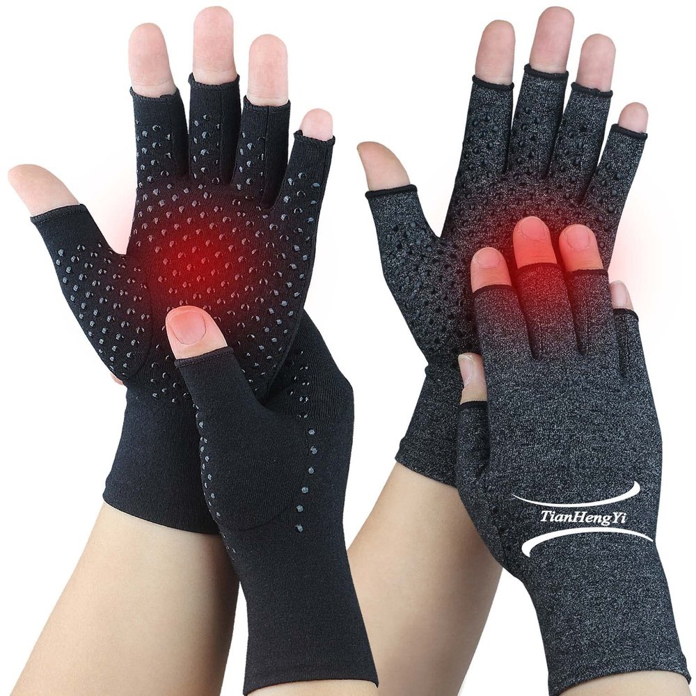 2 Pairs Arthritis Gloves for Pain Relief, Compression Gloves for Arthritis, Carpal Tunnel, Osteoarthritis, Joint, Typing, Driving, Fingerless Hand Gloves for Women Men (Black1+Pure Black1, Large)