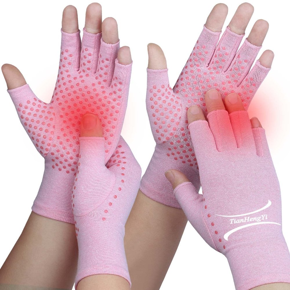 2 Pairs Arthritis Gloves for Pain Relief, Compression Gloves for Arthritis, Carpal Tunnel, Osteoarthritis, Joint, Typing, Driving, Fingerless Hand Gloves for Women Men (Pink1+Pink1, Medium)