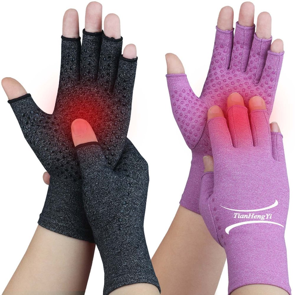 2 Pairs Arthritis Gloves for Pain Relief, Compression Gloves for Arthritis, Carpal Tunnel, Osteoarthritis, Joint, Typing, Driving, Fingerless Hand Gloves for Women Men (Black1+Purple1, Medium)