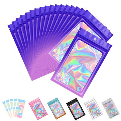 100 Pack Holographic Bags, Resealable Bags for Small Business with Front Window Sample Bags Candy Bags Sealable Mylar Bags with 100 Color Labels(Purple-Pink,5 * 7 Inch)
