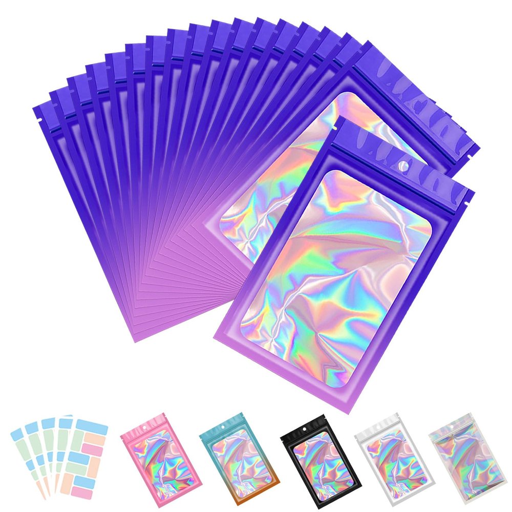 100 Pack Holographic Bags, Resealable Bags for Small Business with Front Window Sample Bags Candy Bags Sealable Mylar Bags with 100 Color Labels(Purple-Pink,5 * 7 Inch)
