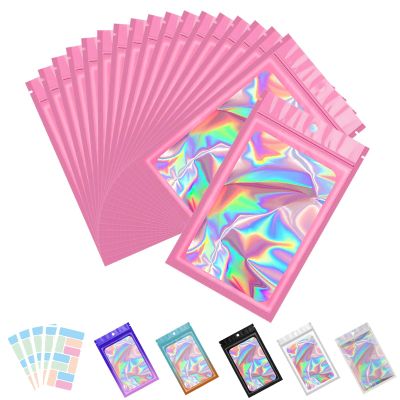 100 Pack Resealable Bags for Small Business, Mylar Bags with Front Window Holographic Bags Mylar Bags for Food Storage with 100 Color Labels(Pink,5x7Inch)
