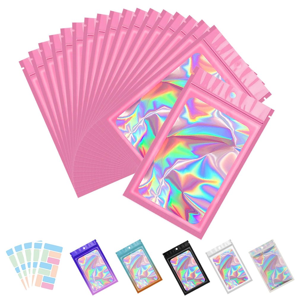100 Pack Resealable Bags for Small Business, Mylar Bags with Front Window Holographic Bags Mylar Bags for Food Storage with 100 Color Labels(Pink,5x7Inch)